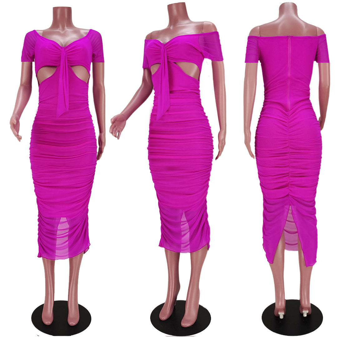 L36879 Sexy Off Shoulder Cutout Pleated Slit Midi Dress