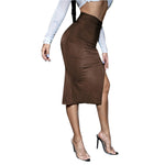 L99838 Solid Ruched Split Thigh Skirt