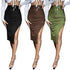 L99838 Solid Ruched Split Thigh Skirt