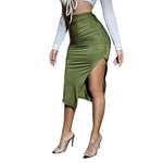 L99838 Solid Ruched Split Thigh Skirt