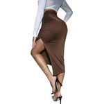 L99838 Solid Ruched Split Thigh Skirt