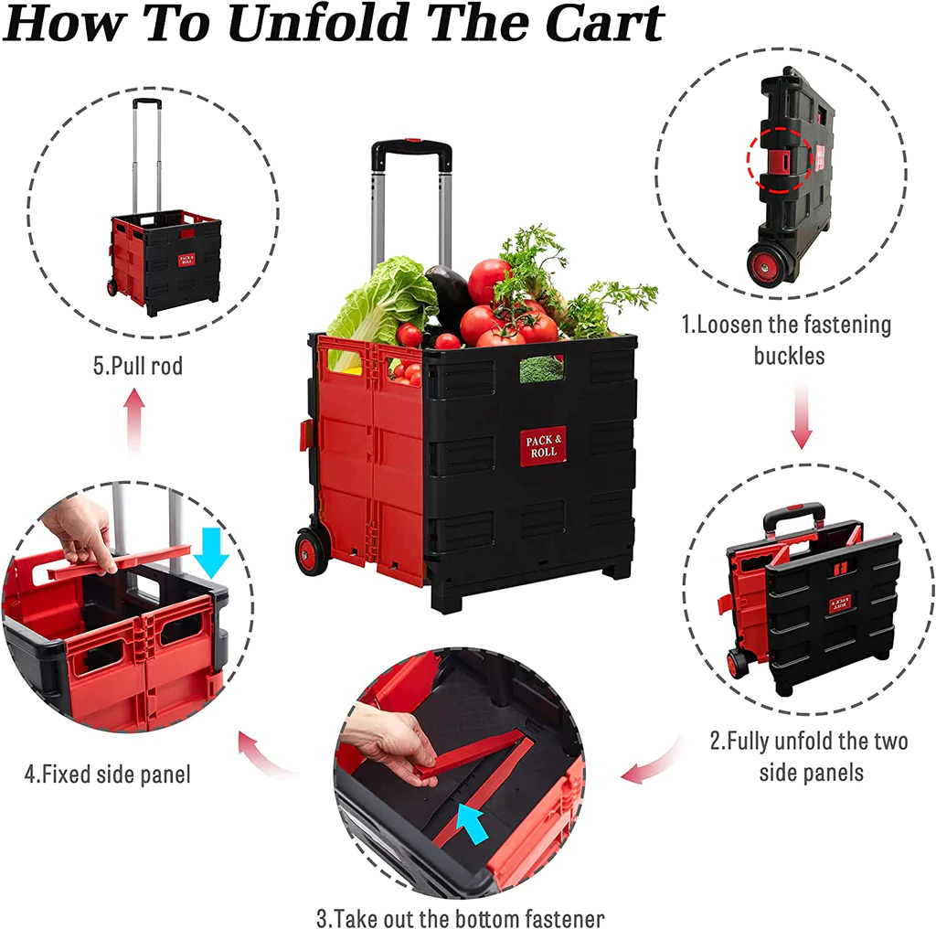 Large Folding Rolling Utility Shopping Cart, Black & Red