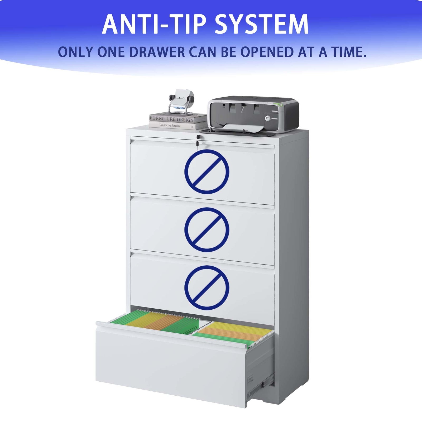 Lateral File Cabinet 4 Drawer, White Filing Cabinet with Lock, Lockable File Cabinet for Home Office, Locking Metal File Cabinet for Legal/Letter/A4/F4 Size