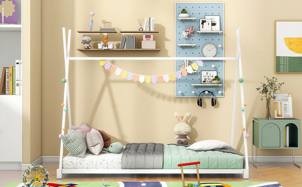 Metal Twin Size House Platform Bed with Triangle Structure, White