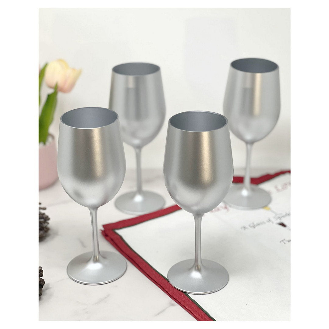 Metallic Silver Color Plastic Wine Glasses Set of 4 (12oz), BPA Free Acrylic Wine Glass Set, Unbreakable Red Wine Glasses, White Wine Glasses