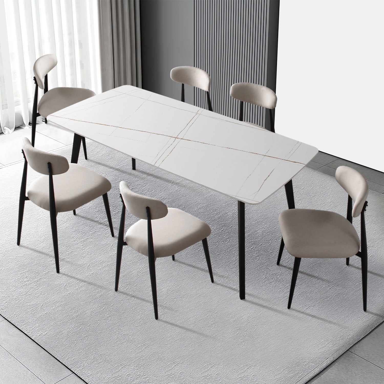 Modern Dining Chairs Set of 2, Curved Backrest Round Upholstered and Metal Frame, Light Grey