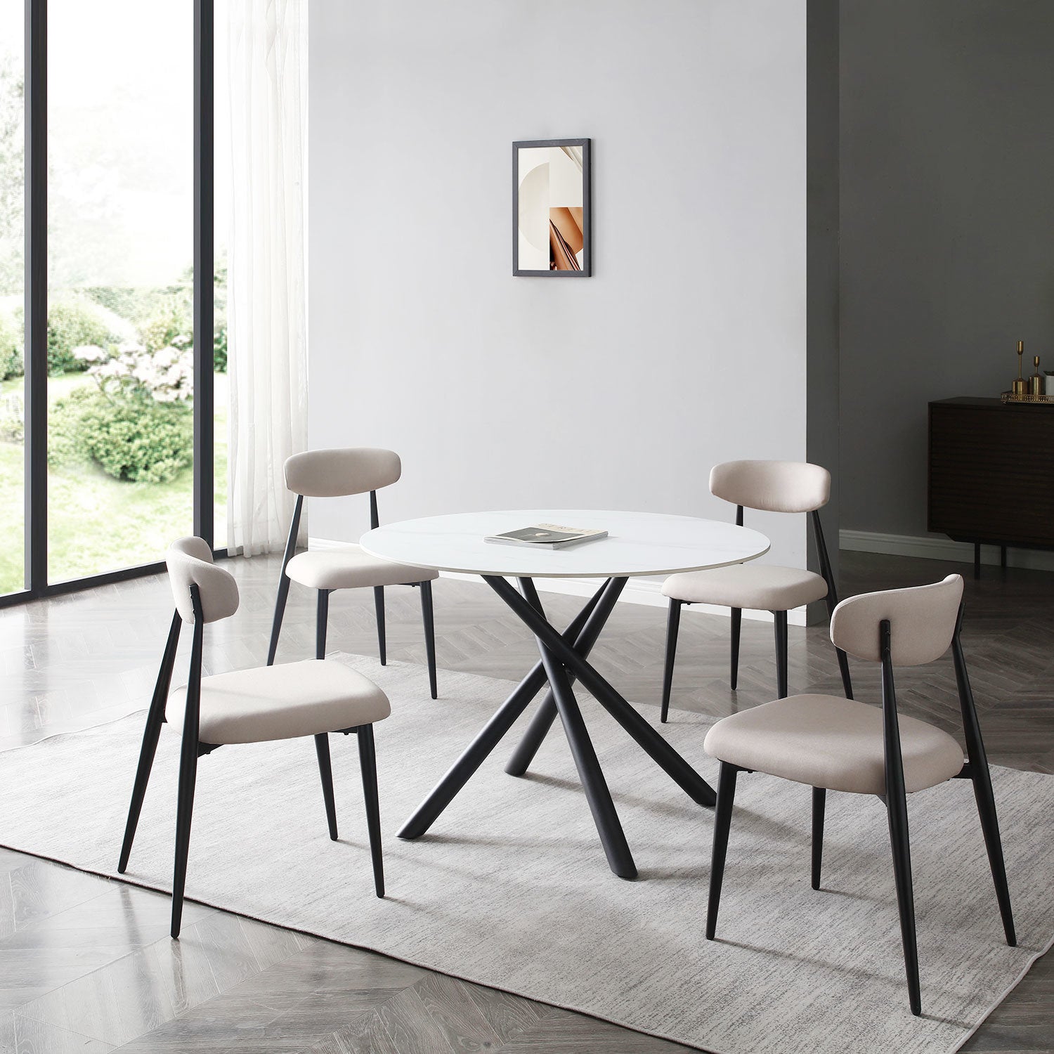 Modern Dining Chairs Set of 2, Curved Backrest Round Upholstered and Metal Frame, Light Grey