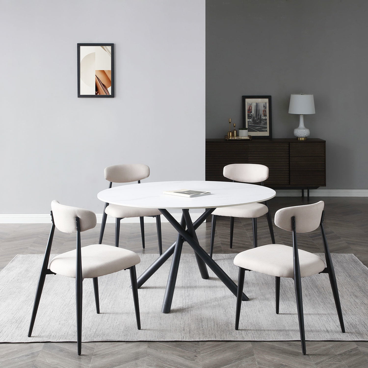 Modern Dining Chairs Set of 2, Curved Backrest Round Upholstered and Metal Frame, Light Grey