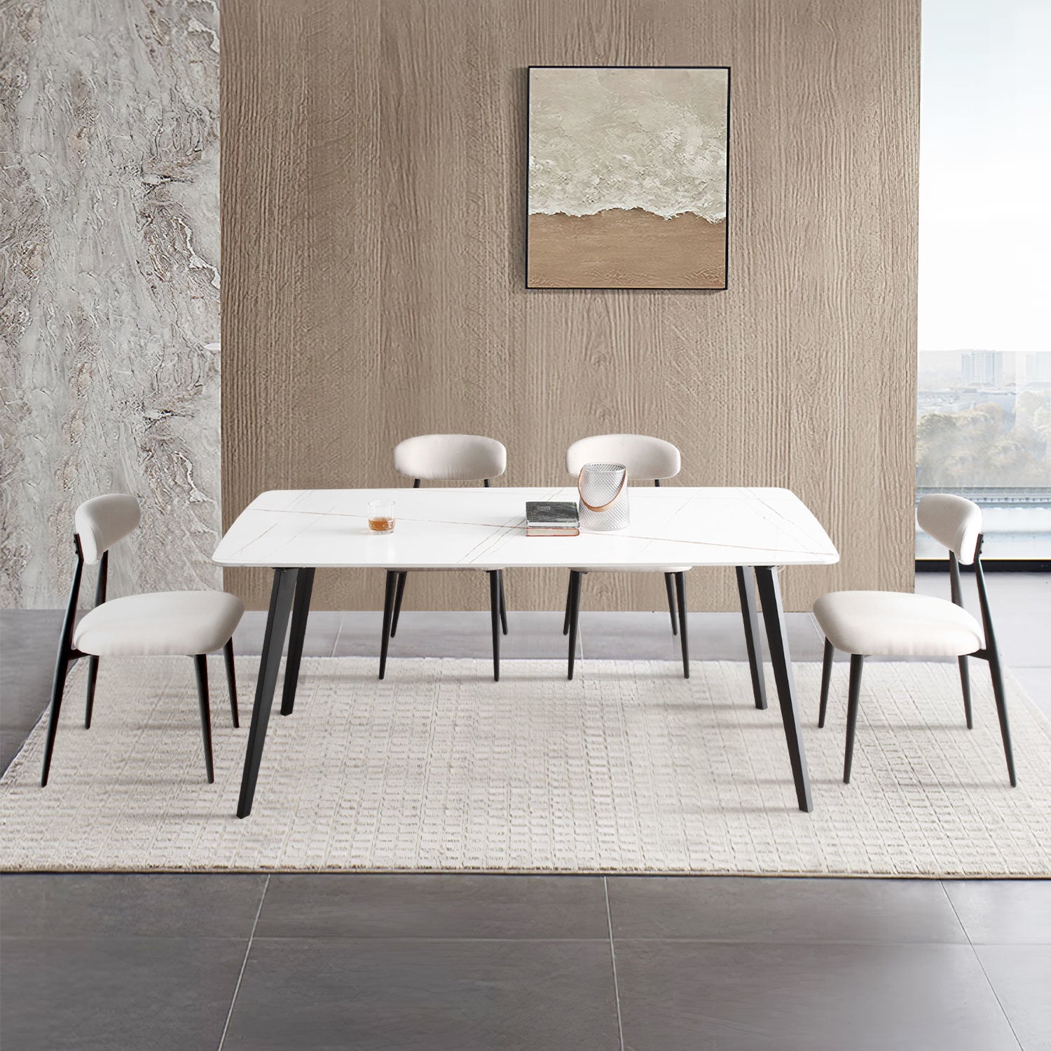 Modern Dining Chairs Set of 2, Curved Backrest Round Upholstered and Metal Frame, Light Grey