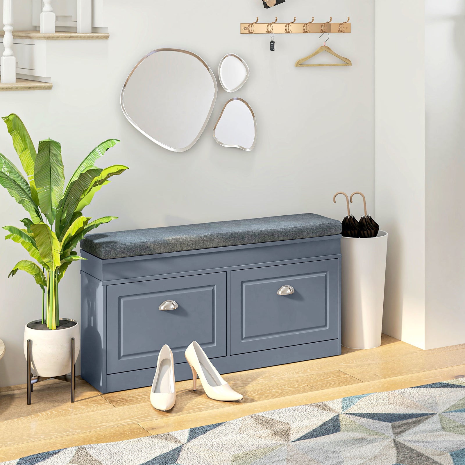 Modern Shoe Rack Bench for Entryway, Storage Organizer with Cushion, 2 Drawers, Adjustable Shelf, Holds 8 Pairs, Gray