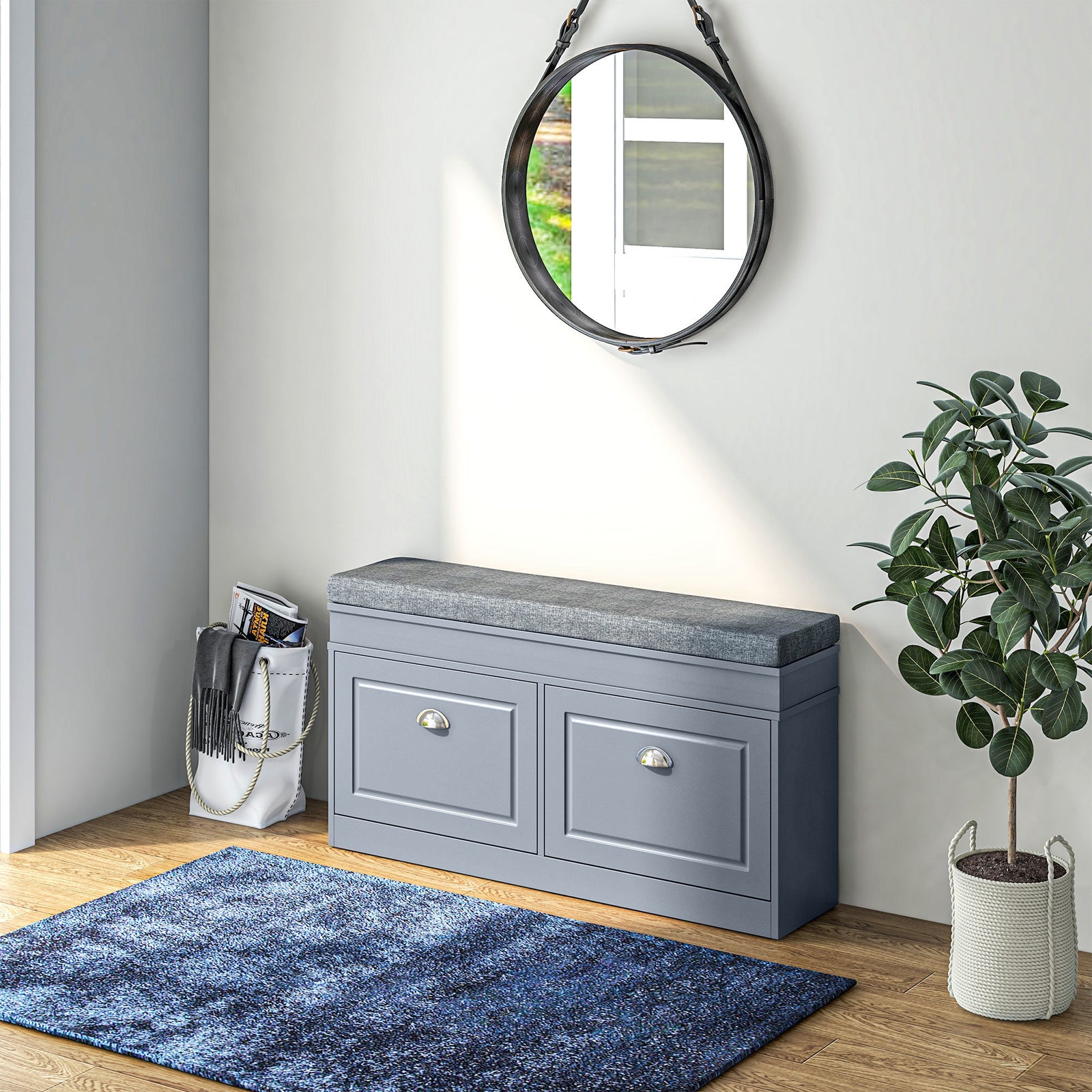 Modern Shoe Rack Bench for Entryway, Storage Organizer with Cushion, 2 Drawers, Adjustable Shelf, Holds 8 Pairs, Gray