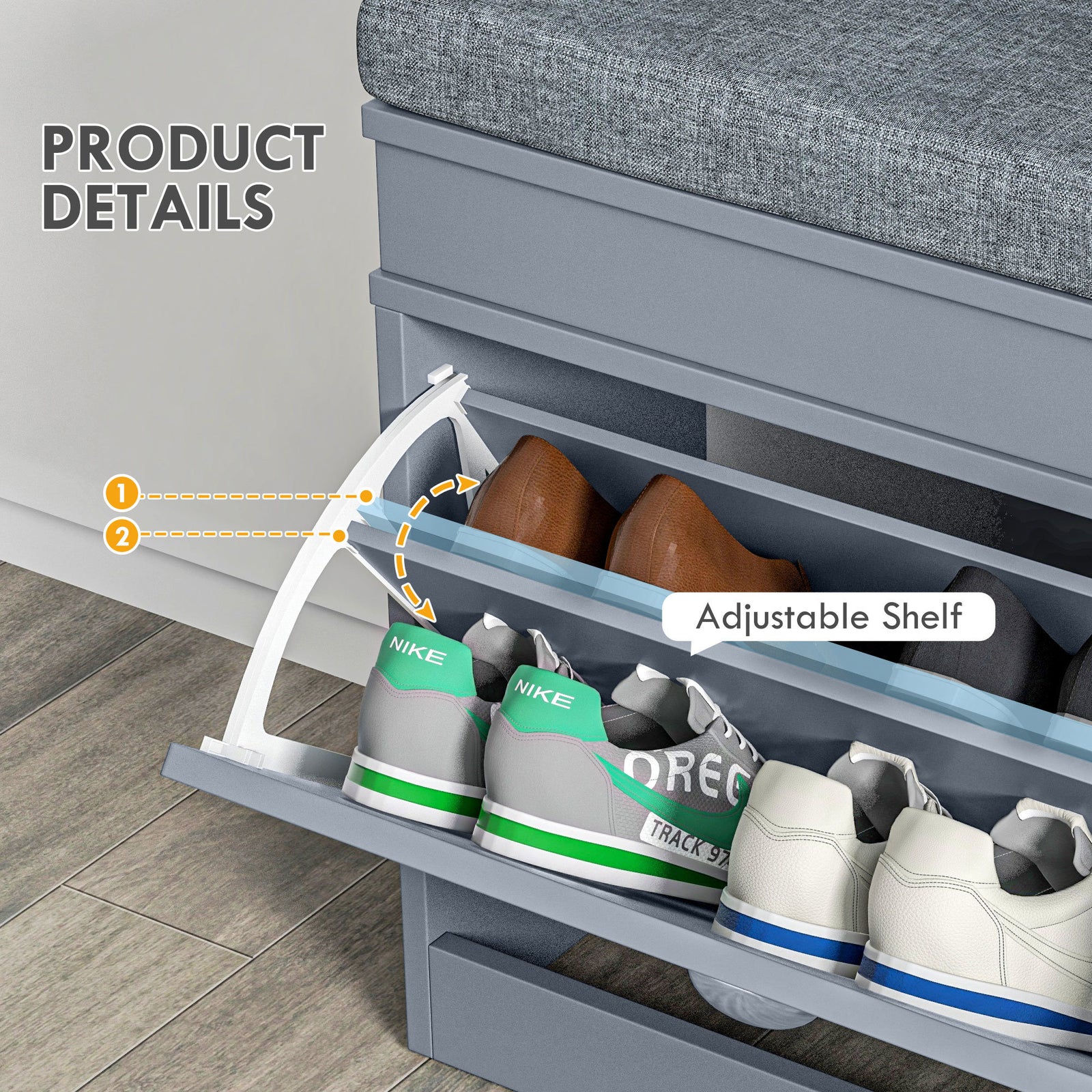 Modern Shoe Rack Bench for Entryway, Storage Organizer with Cushion, 2 Drawers, Adjustable Shelf, Holds 8 Pairs, Gray