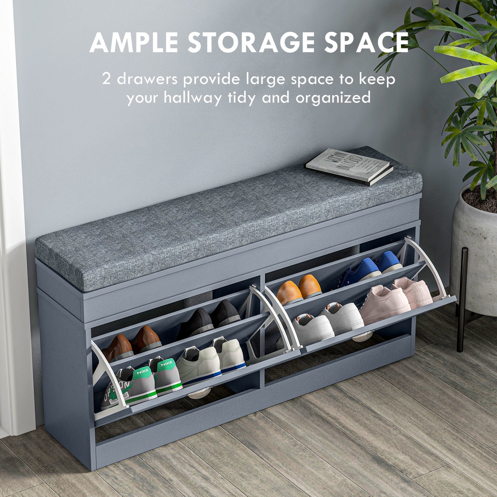 Modern Shoe Rack Bench for Entryway, Storage Organizer with Cushion, 2 Drawers, Adjustable Shelf, Holds 8 Pairs, Gray