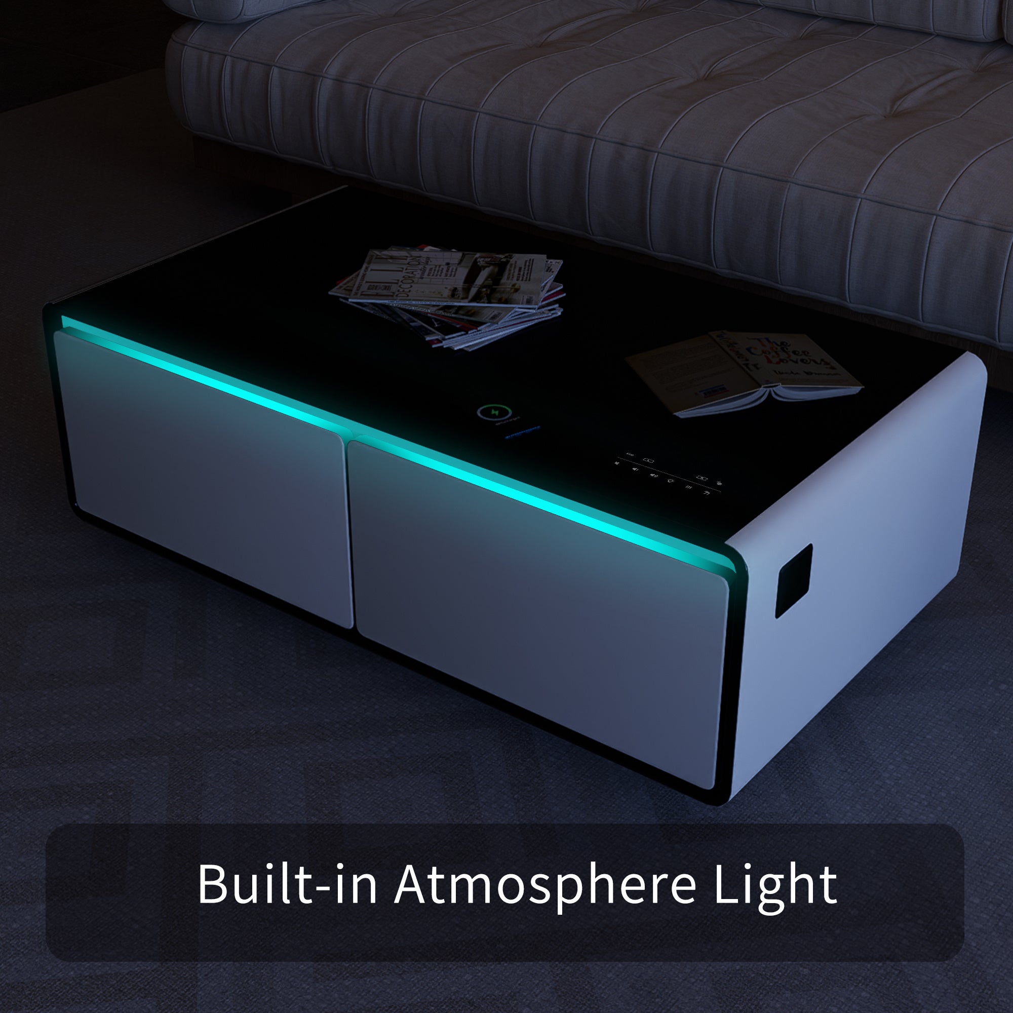 Modern Smart Coffee Table with Built-in Fridge, Bluetooth Speaker, Wireless Charging, Touch Control Panel, Power Socket, USB Interface, Outlet Protection, Atmosphere light