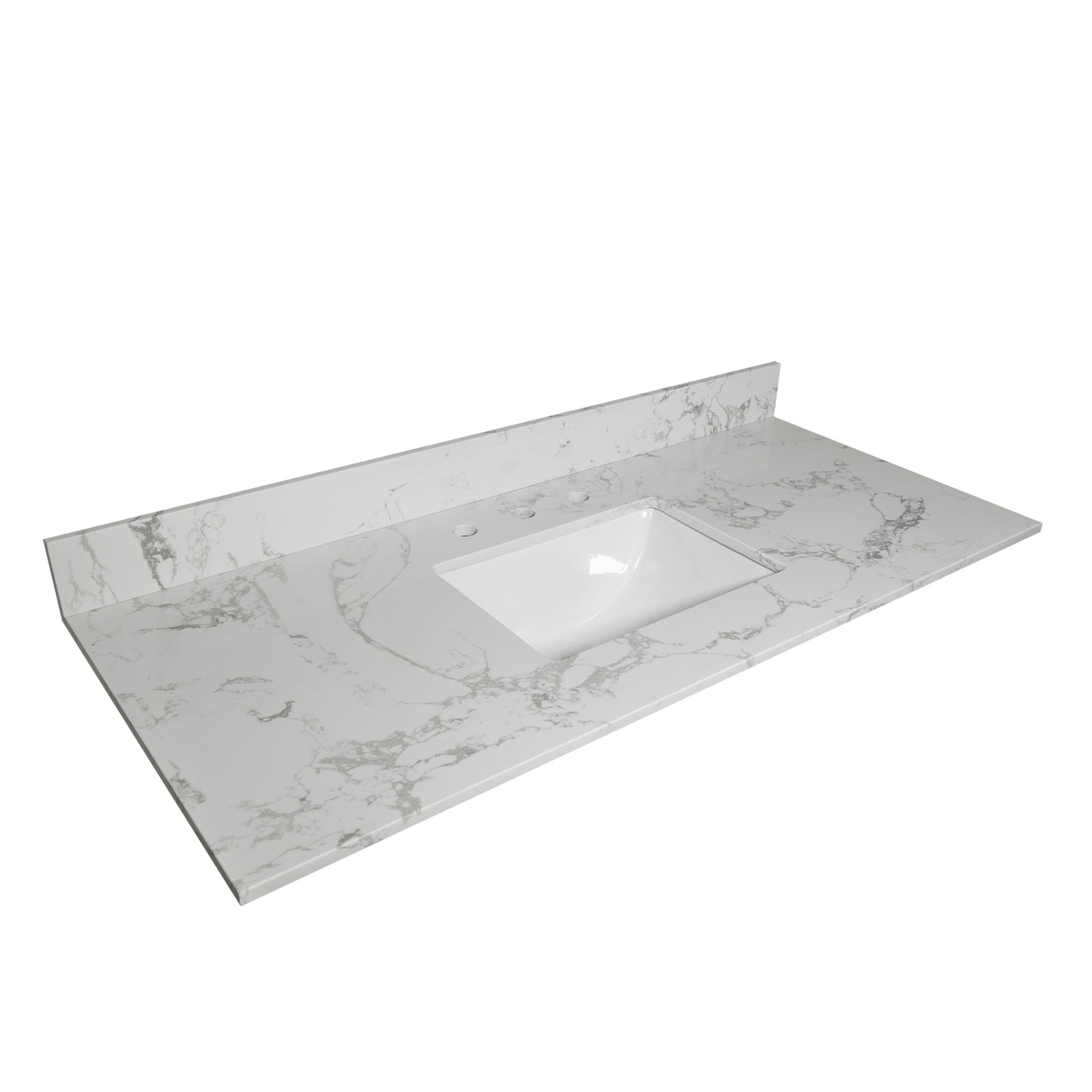 Montary 43x22 bathroom stone vanity top engineered stone carrara white marble color with rectangle undermount ceramic sink and 3 faucet hole with back splash .