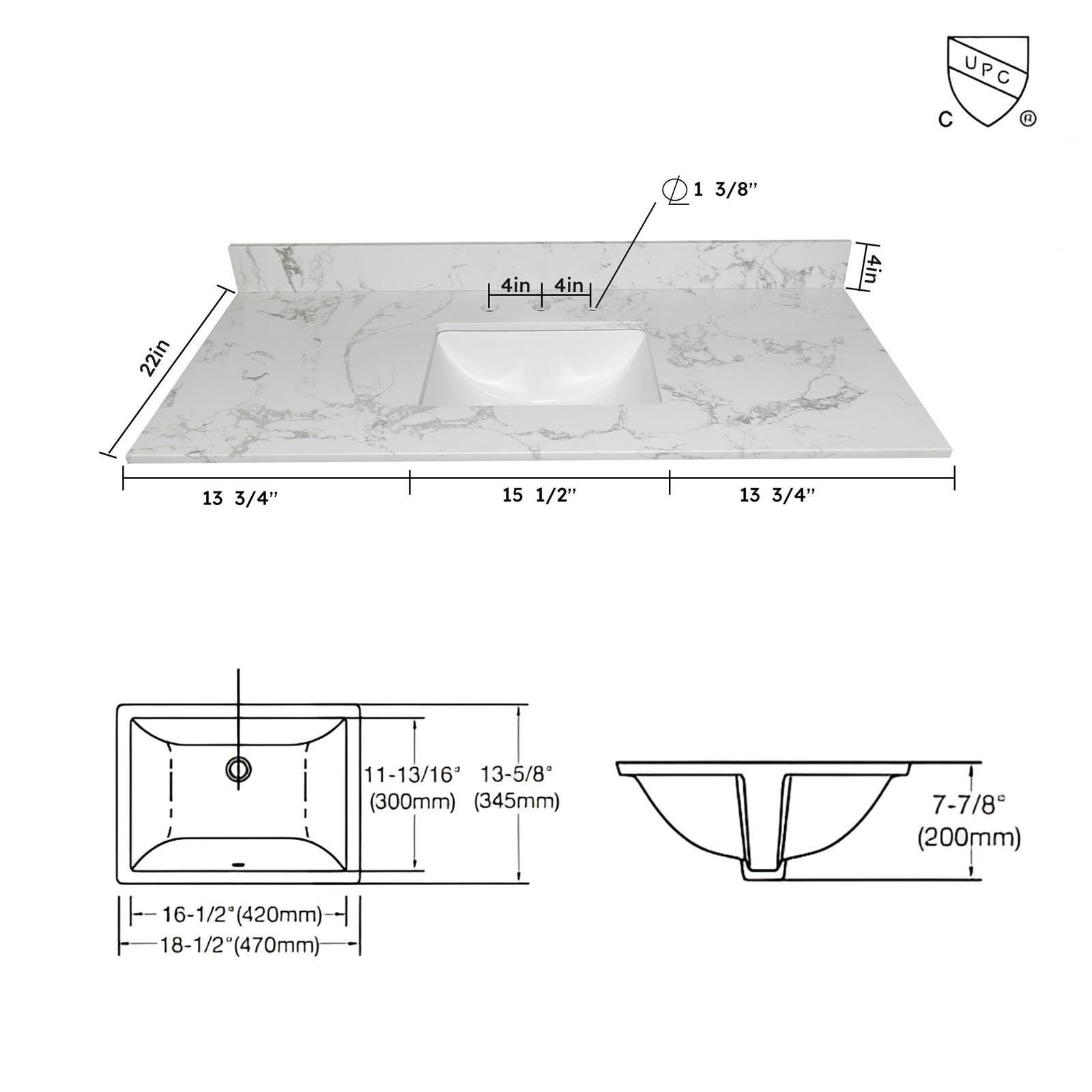 Montary 43x22 bathroom stone vanity top engineered stone carrara white marble color with rectangle undermount ceramic sink and 3 faucet hole with back splash .