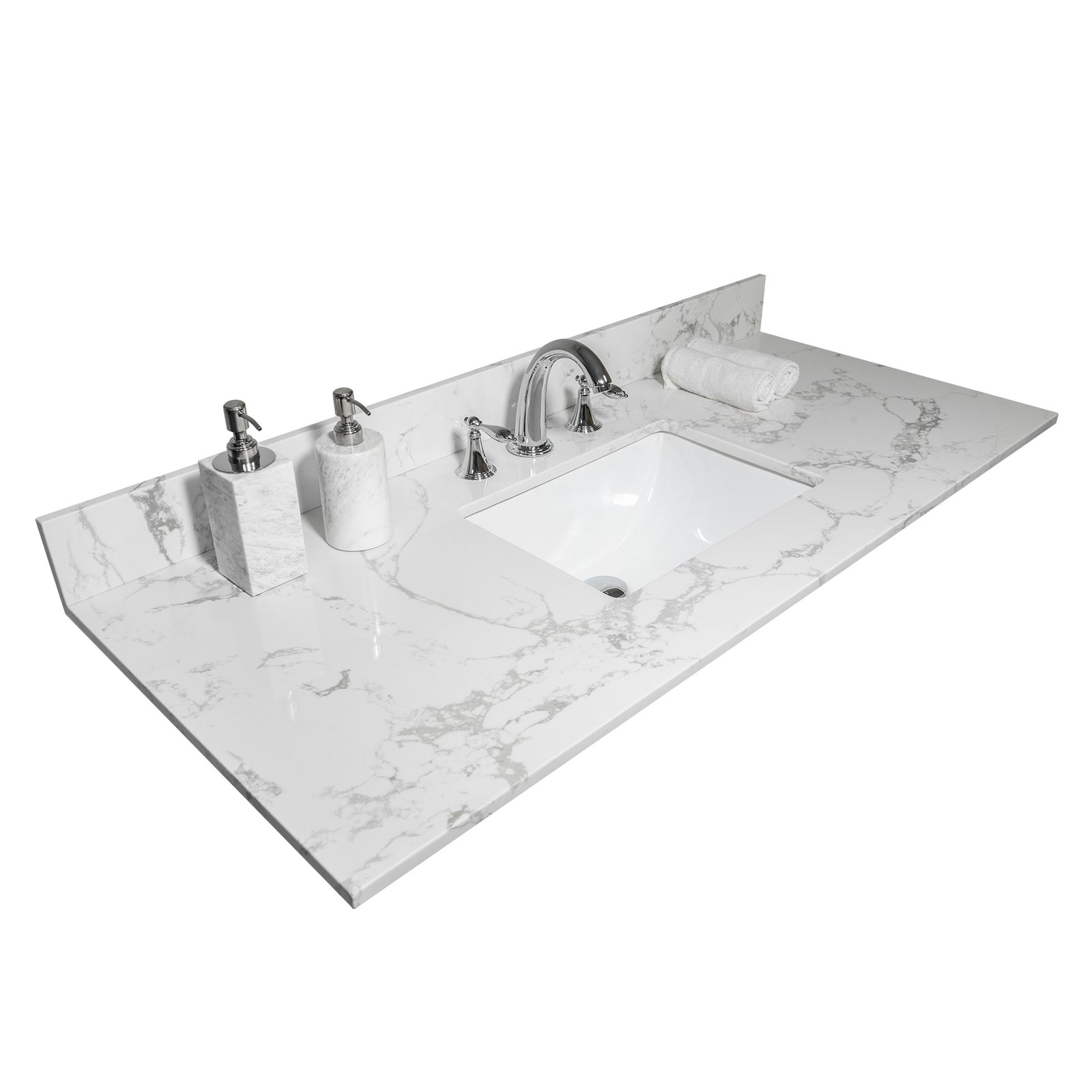 Montary 43x22 bathroom stone vanity top engineered stone carrara white marble color with rectangle undermount ceramic sink and 3 faucet hole with back splash .