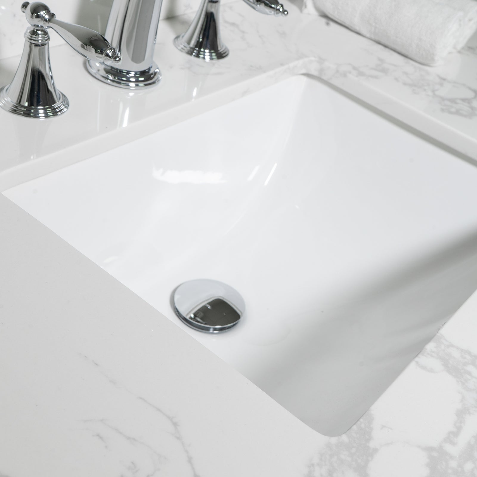 Montary 43x22 bathroom stone vanity top engineered stone carrara white marble color with rectangle undermount ceramic sink and 3 faucet hole with back splash .