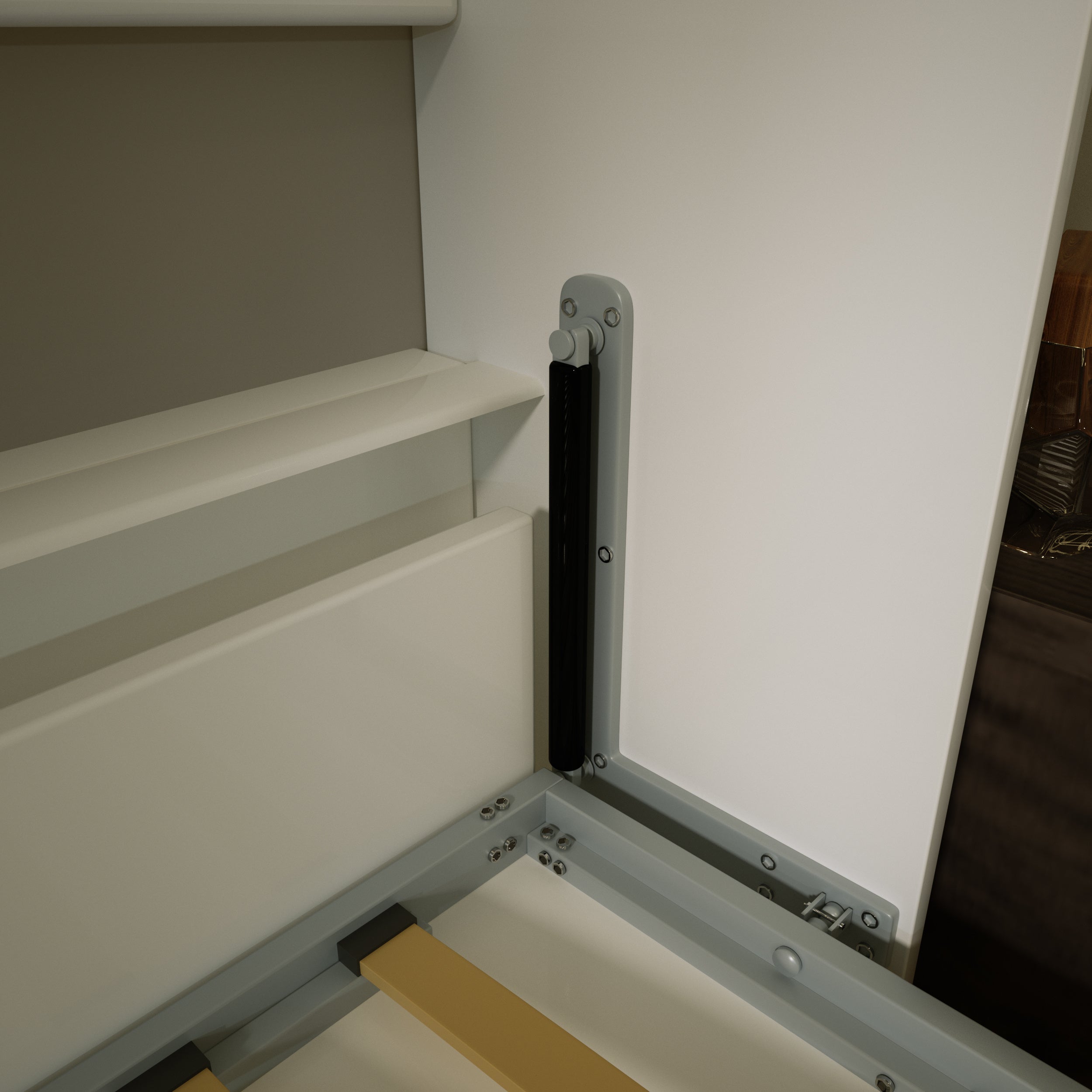 Morden Deisgn Full Size Vertical Murphy Bed with Shelf and Drawers for Bedroom or Guestroom White Wall Bed Space Saving Hidden Bed with New Style Gas Struts