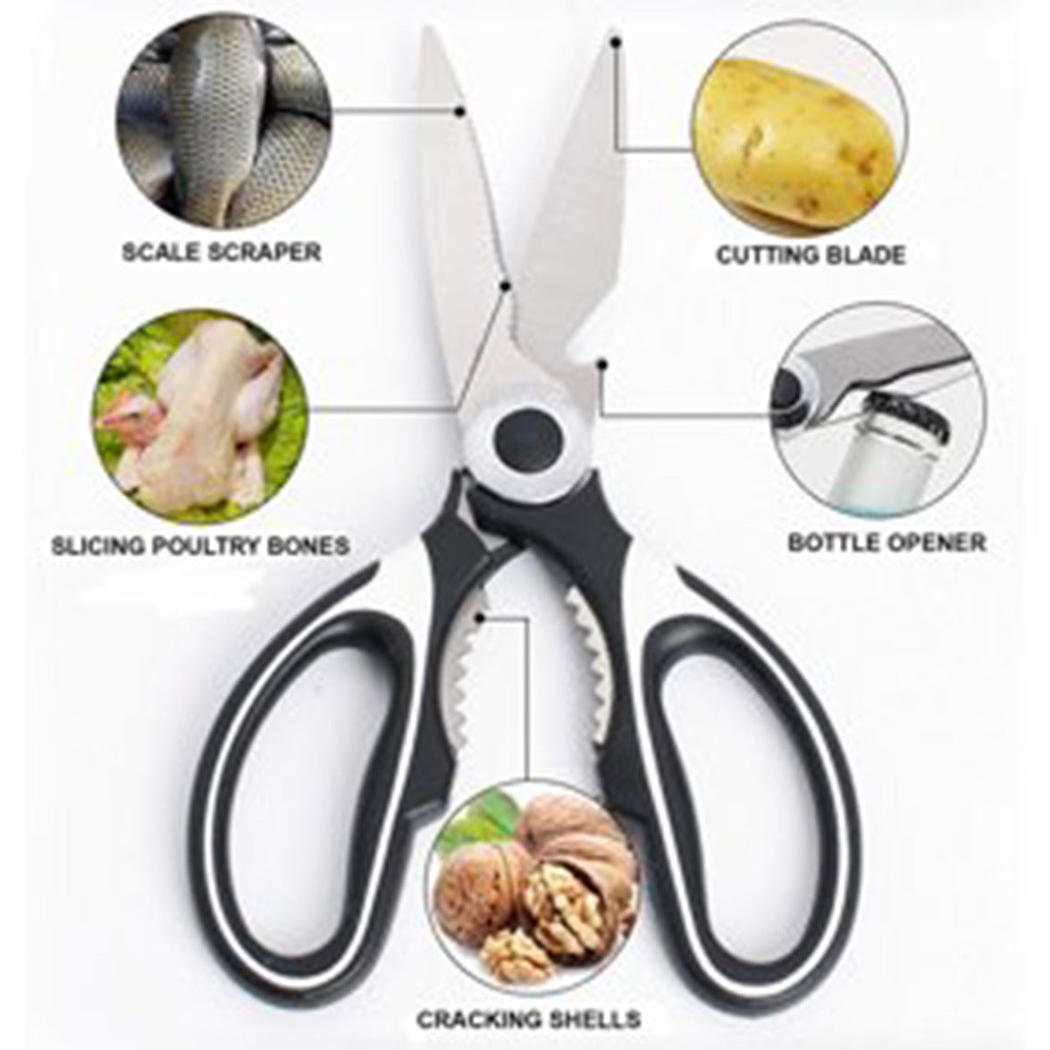 Multifunctional Heavy Duty Ultra Sharp Kitchen Shears with Cover, Stainless Steel Kitchen Scissor with Beer Bottle Opener, Fish Scale Remover and Nut Cracker - Kitchen Gadget Tool - WoodPoly.com