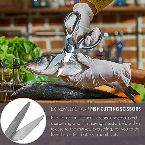 Multifunctional Heavy Duty Ultra Sharp Kitchen Shears with Cover, Stainless Steel Kitchen Scissor with Beer Bottle Opener, Fish Scale Remover and Nut Cracker - Kitchen Gadget Tool - WoodPoly.com