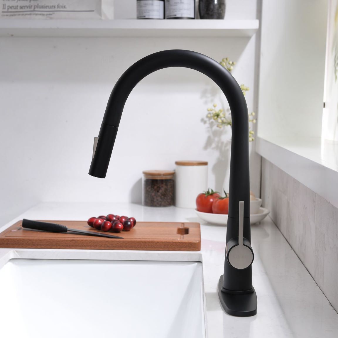 New Kitchen Single Handle pull-out faucet, stainless steel kitchen faucet with pull-out sprayer in Black