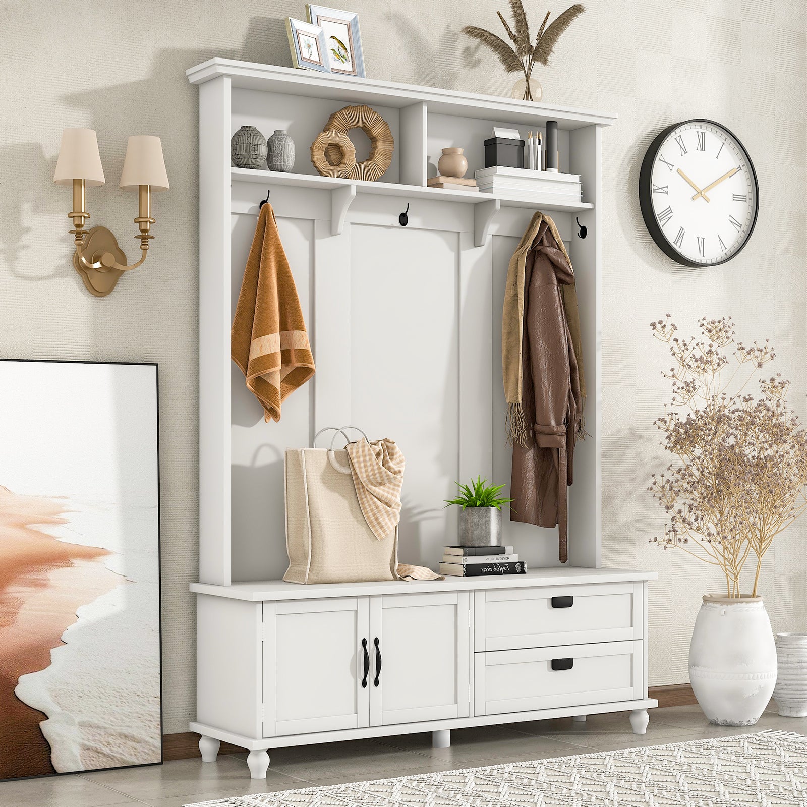 ON-TREND Modern Style Hall Tree with Storage Cabinet and 2 Large Drawers, Widen Mudroom Bench with 5 Coat Hooks, White