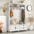 ON-TREND Modern Style Hall Tree with Storage Cabinet and 2 Large Drawers, Widen Mudroom Bench with 5 Coat Hooks, White