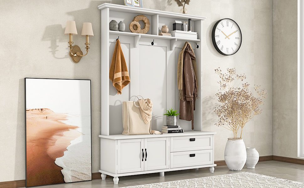 ON-TREND Modern Style Hall Tree with Storage Cabinet and 2 Large Drawers, Widen Mudroom Bench with 5 Coat Hooks, White