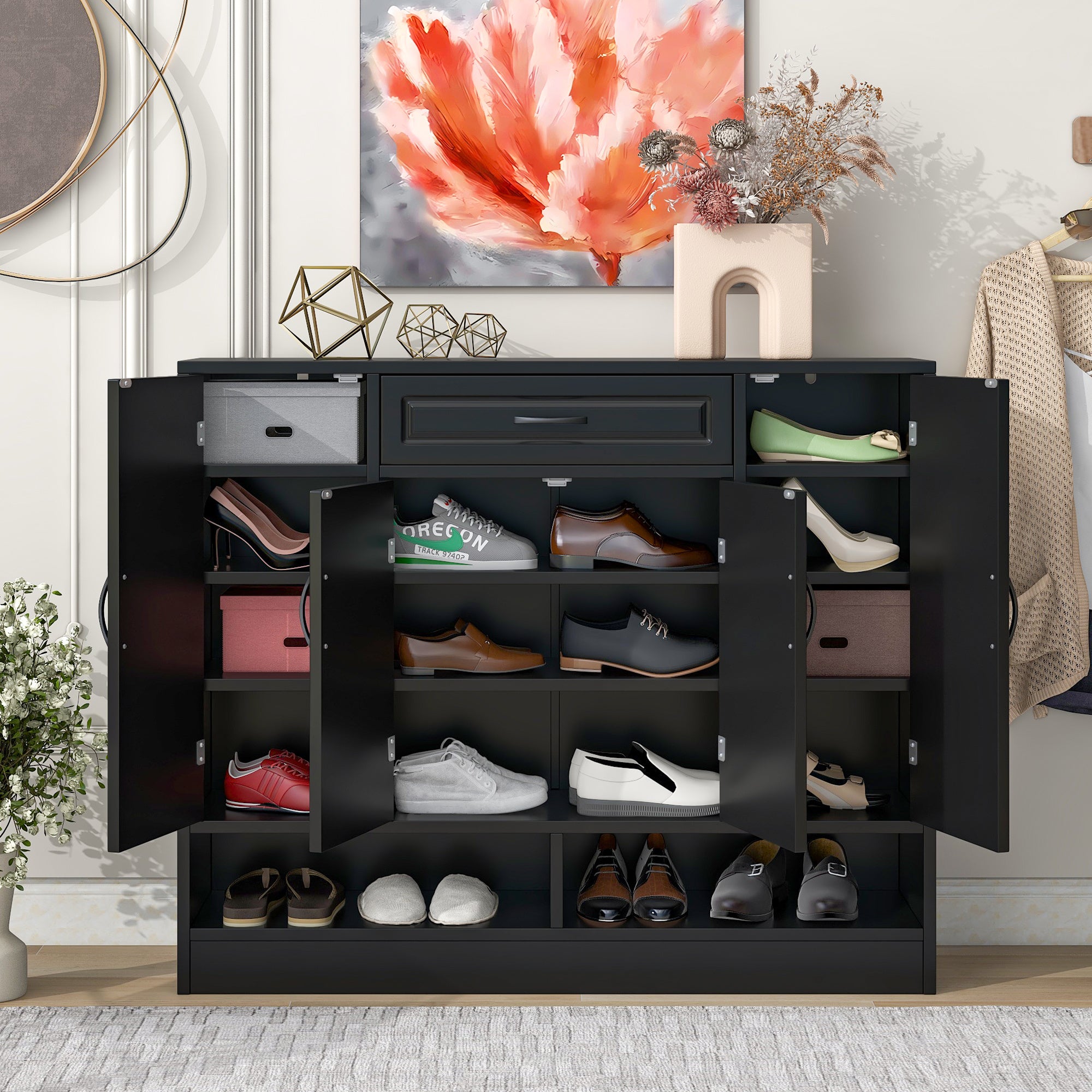 ON-TREND Sleek and Modern Shoe Cabinet with Adjustable Shelves, Minimalist Shoe Storage Organizer with Sturdy Top Surface, Space-saving Design Side Board for Various Sizes of Items, Black