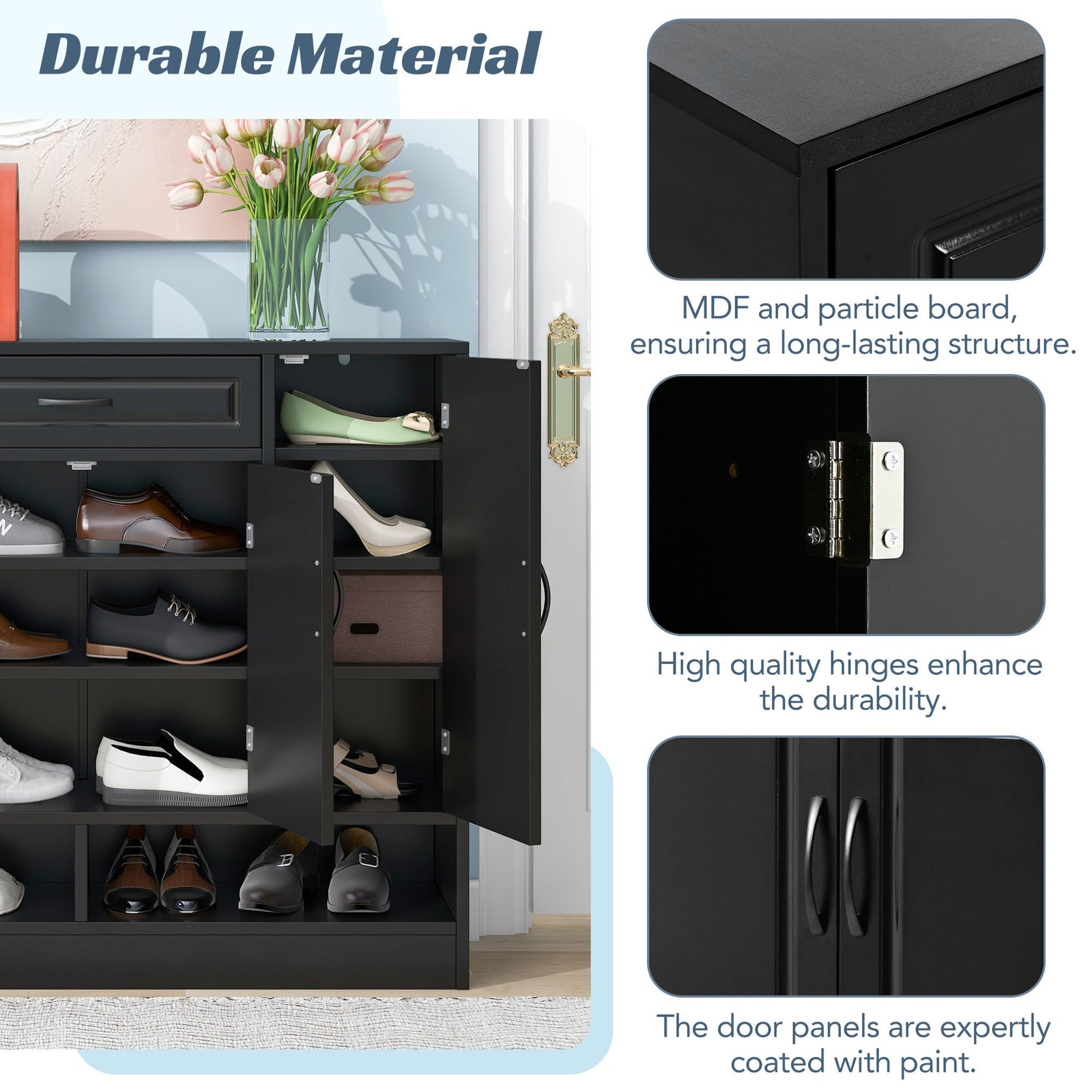 ON-TREND Sleek and Modern Shoe Cabinet with Adjustable Shelves, Minimalist Shoe Storage Organizer with Sturdy Top Surface, Space-saving Design Side Board for Various Sizes of Items, Black