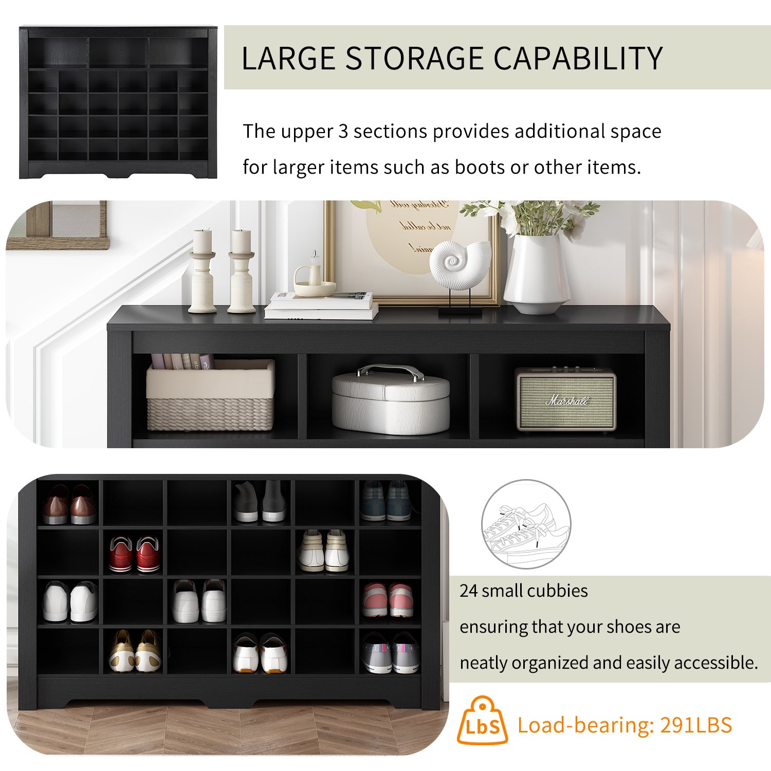 ON-TREND Sleek Design 24 Shoe Cubby Console, Modern Shoe Cabinet with Curved Base, Versatile Sideboard with High-quality for Hallway, Bedroom, Living Room, Black