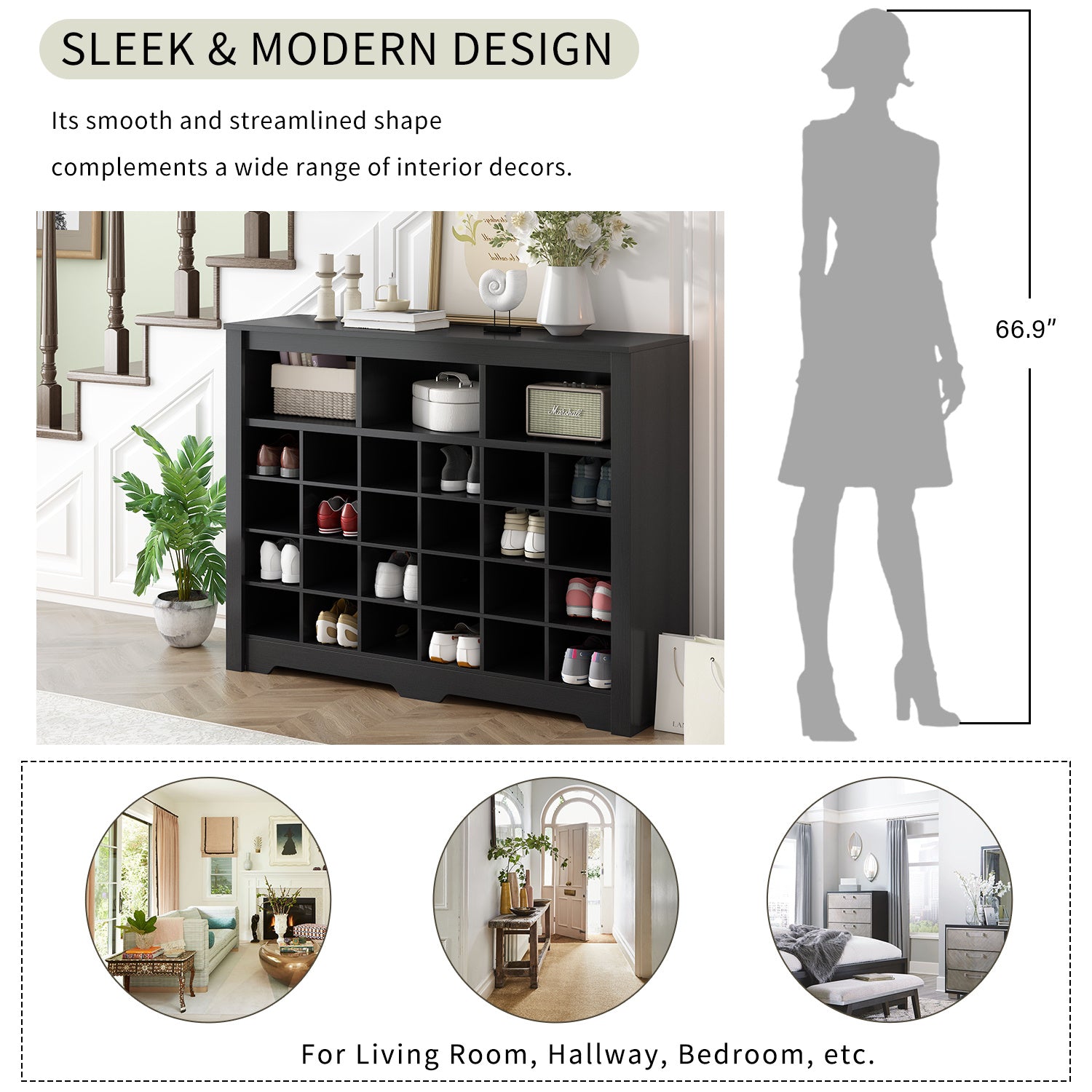 ON-TREND Sleek Design 24 Shoe Cubby Console, Modern Shoe Cabinet with Curved Base, Versatile Sideboard with High-quality for Hallway, Bedroom, Living Room, Black