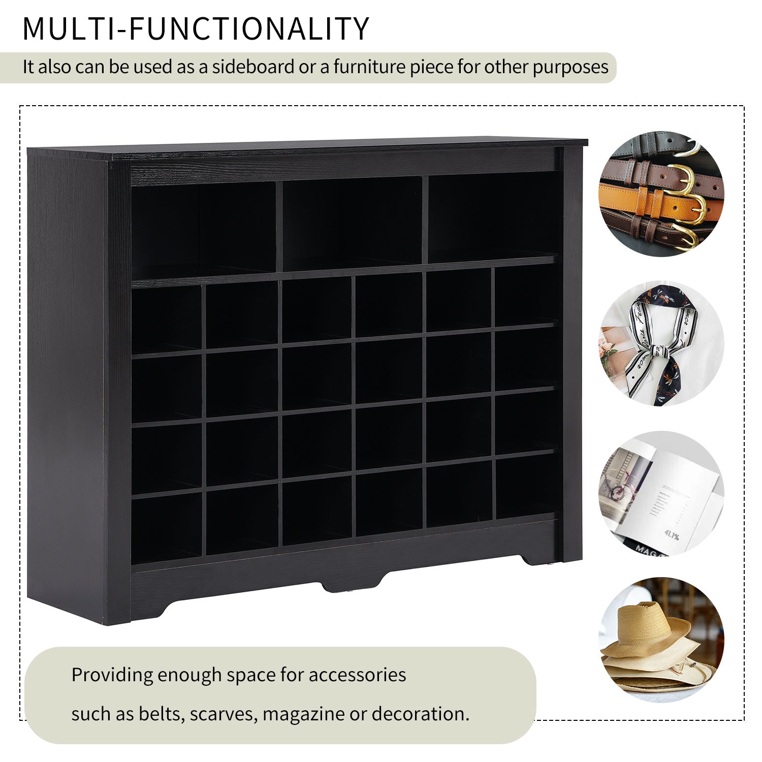 ON-TREND Sleek Design 24 Shoe Cubby Console, Modern Shoe Cabinet with Curved Base, Versatile Sideboard with High-quality for Hallway, Bedroom, Living Room, Black