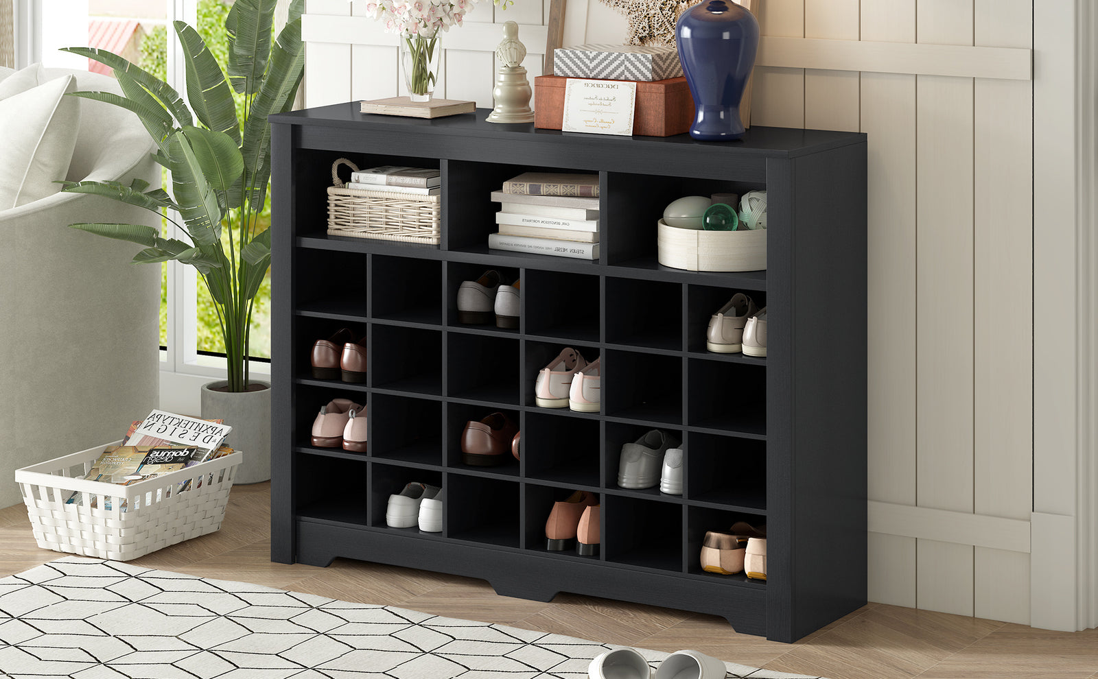ON-TREND Sleek Design 24 Shoe Cubby Console, Modern Shoe Cabinet with Curved Base, Versatile Sideboard with High-quality for Hallway, Bedroom, Living Room, Black