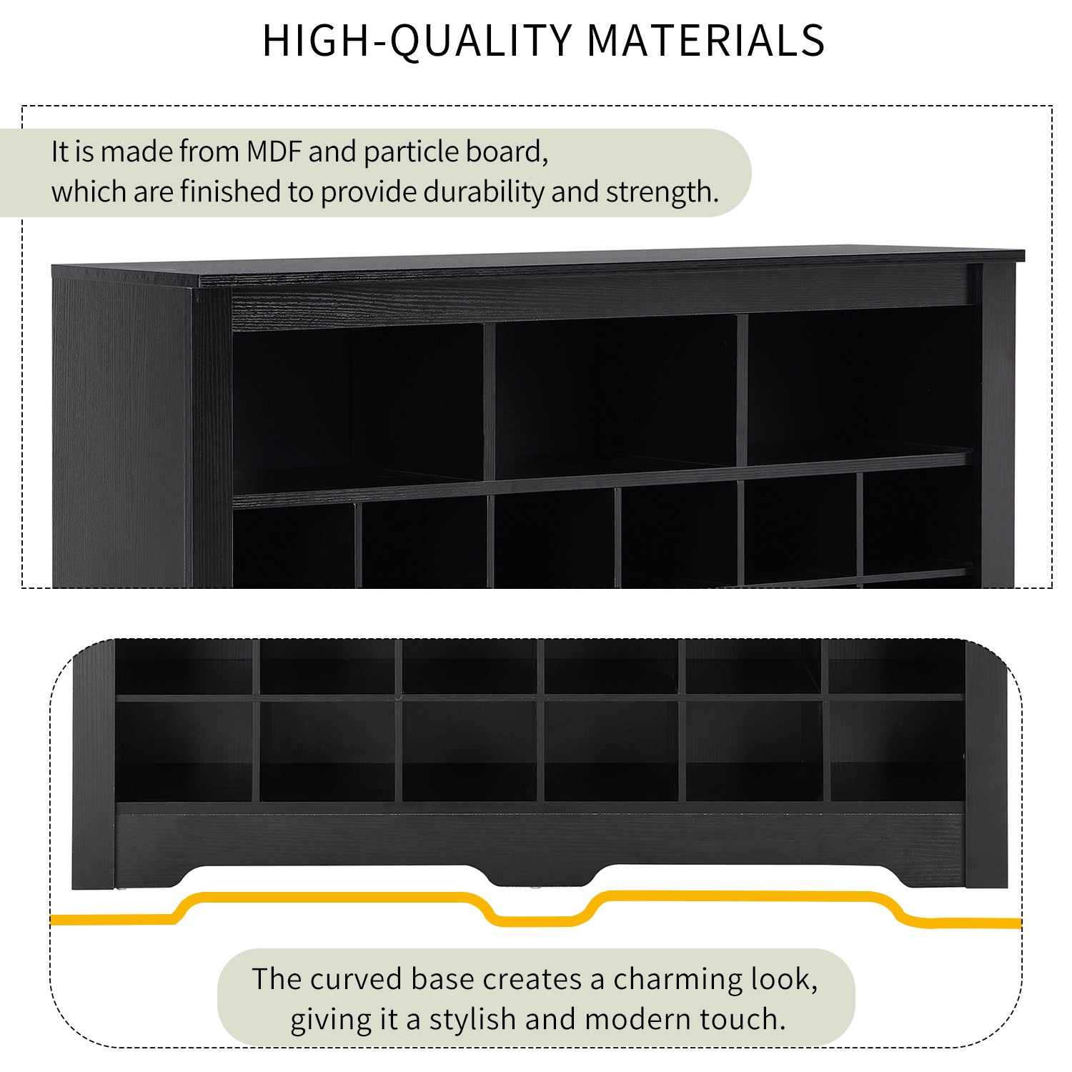 ON-TREND Sleek Design 24 Shoe Cubby Console, Modern Shoe Cabinet with Curved Base, Versatile Sideboard with High-quality for Hallway, Bedroom, Living Room, Black