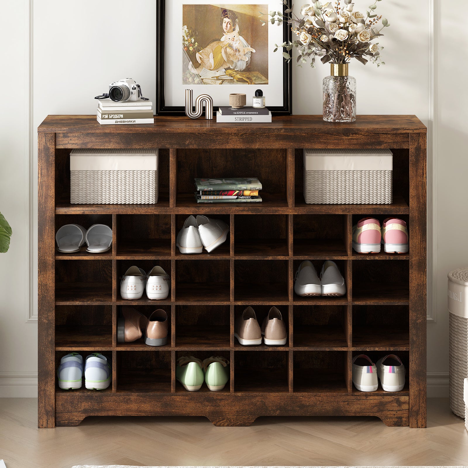 ON-TREND Sleek Design 24 Shoe Cubby Console, Modern Shoe Cabinet with Curved Base, Versatile Sideboard with High-quality for Hallway, Bedroom, Living Room, Rustic Brown