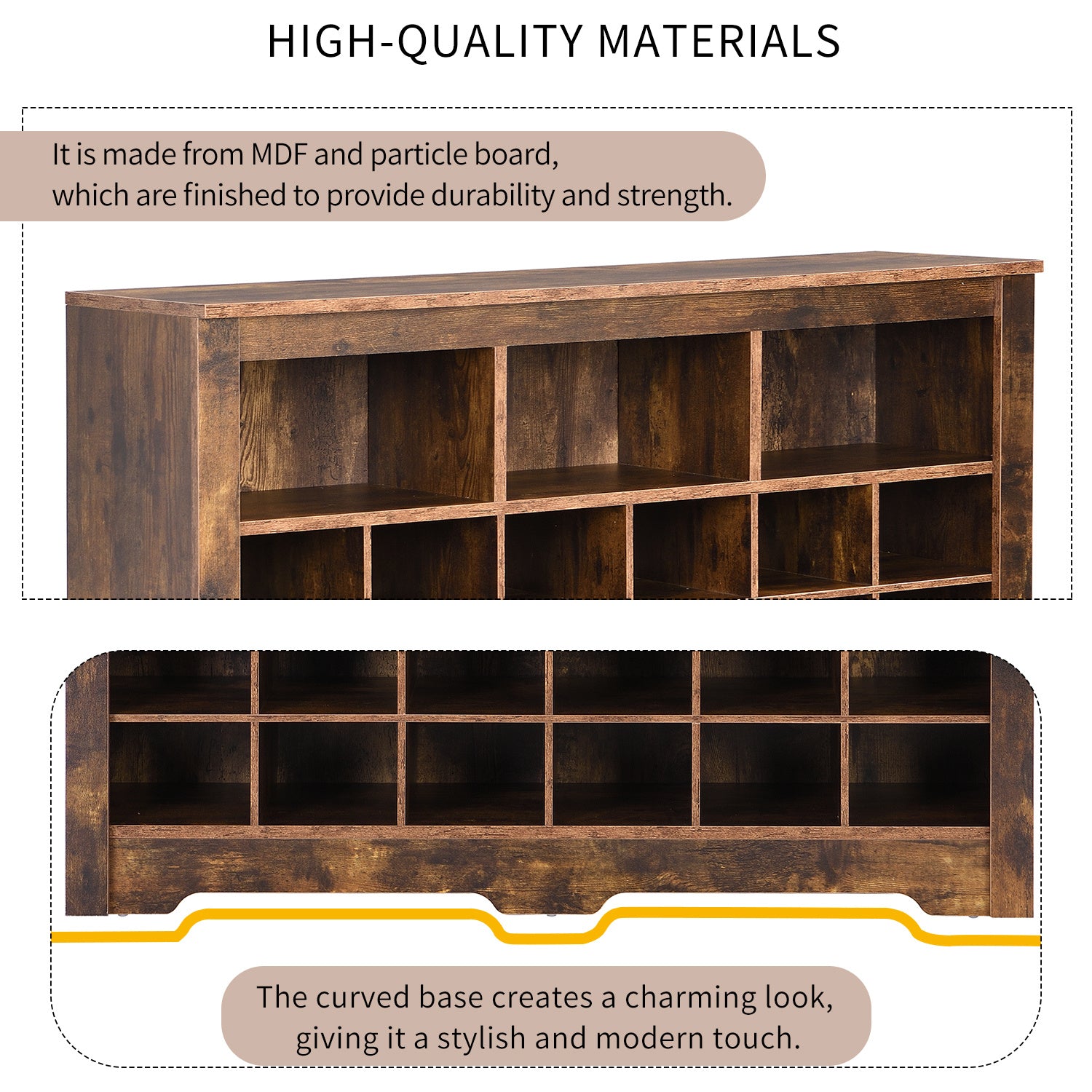 ON-TREND Sleek Design 24 Shoe Cubby Console, Modern Shoe Cabinet with Curved Base, Versatile Sideboard with High-quality for Hallway, Bedroom, Living Room, Rustic Brown