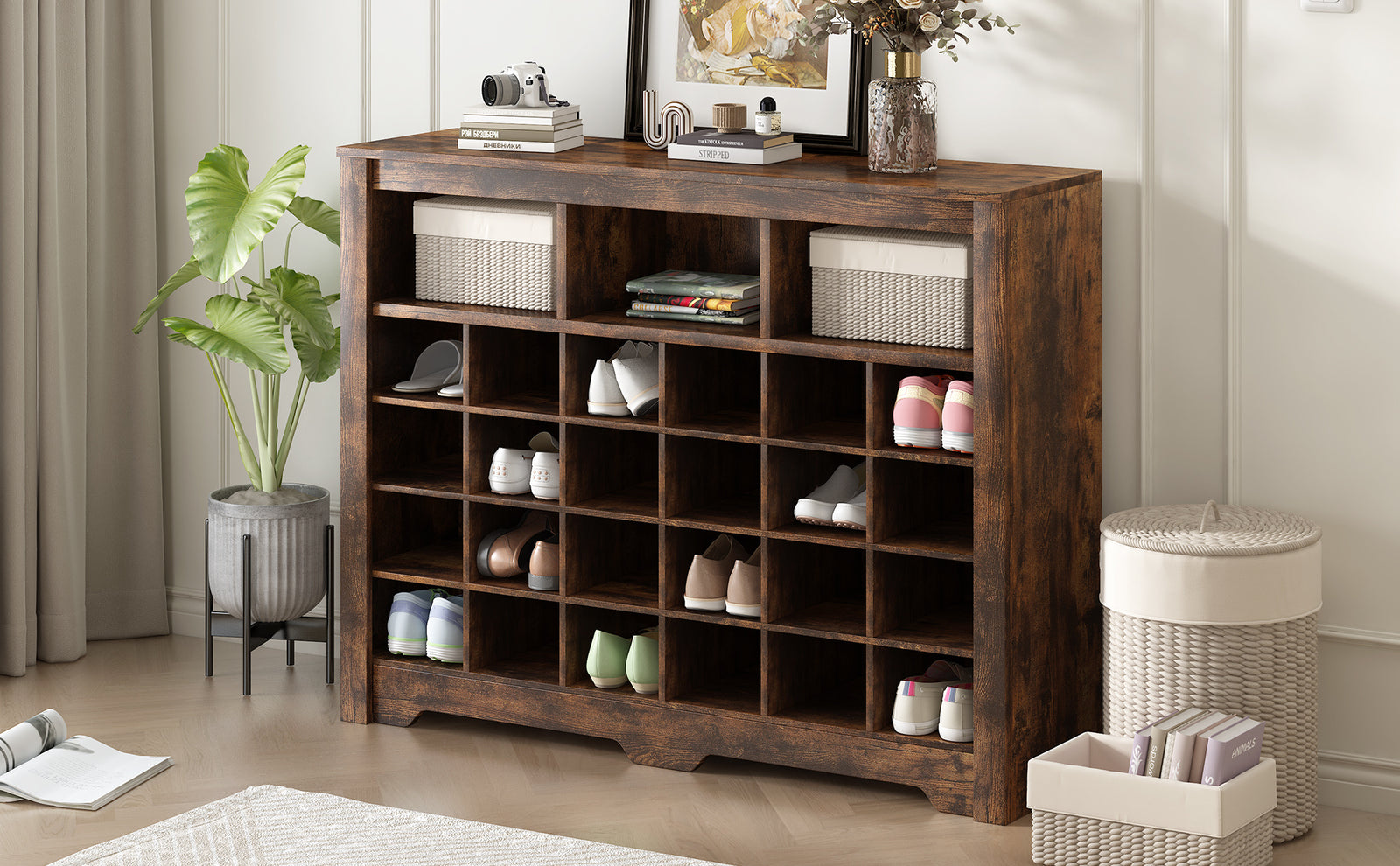 ON-TREND Sleek Design 24 Shoe Cubby Console, Modern Shoe Cabinet with Curved Base, Versatile Sideboard with High-quality for Hallway, Bedroom, Living Room, Rustic Brown