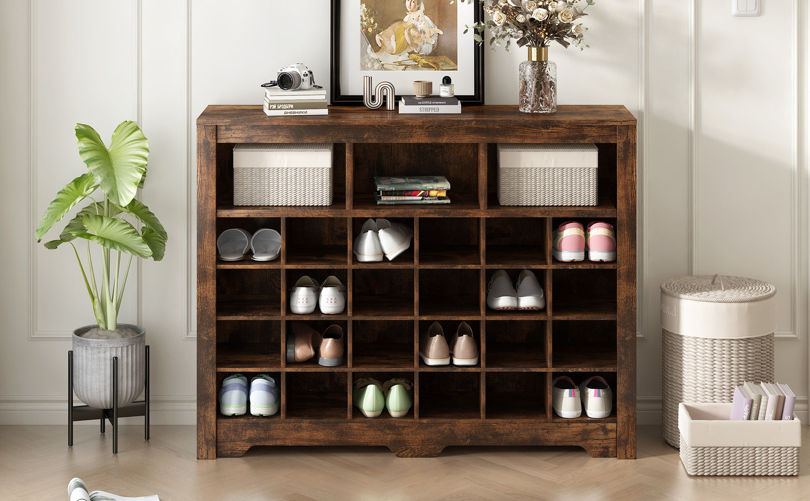 ON-TREND Sleek Design 24 Shoe Cubby Console, Modern Shoe Cabinet with Curved Base, Versatile Sideboard with High-quality for Hallway, Bedroom, Living Room, Rustic Brown