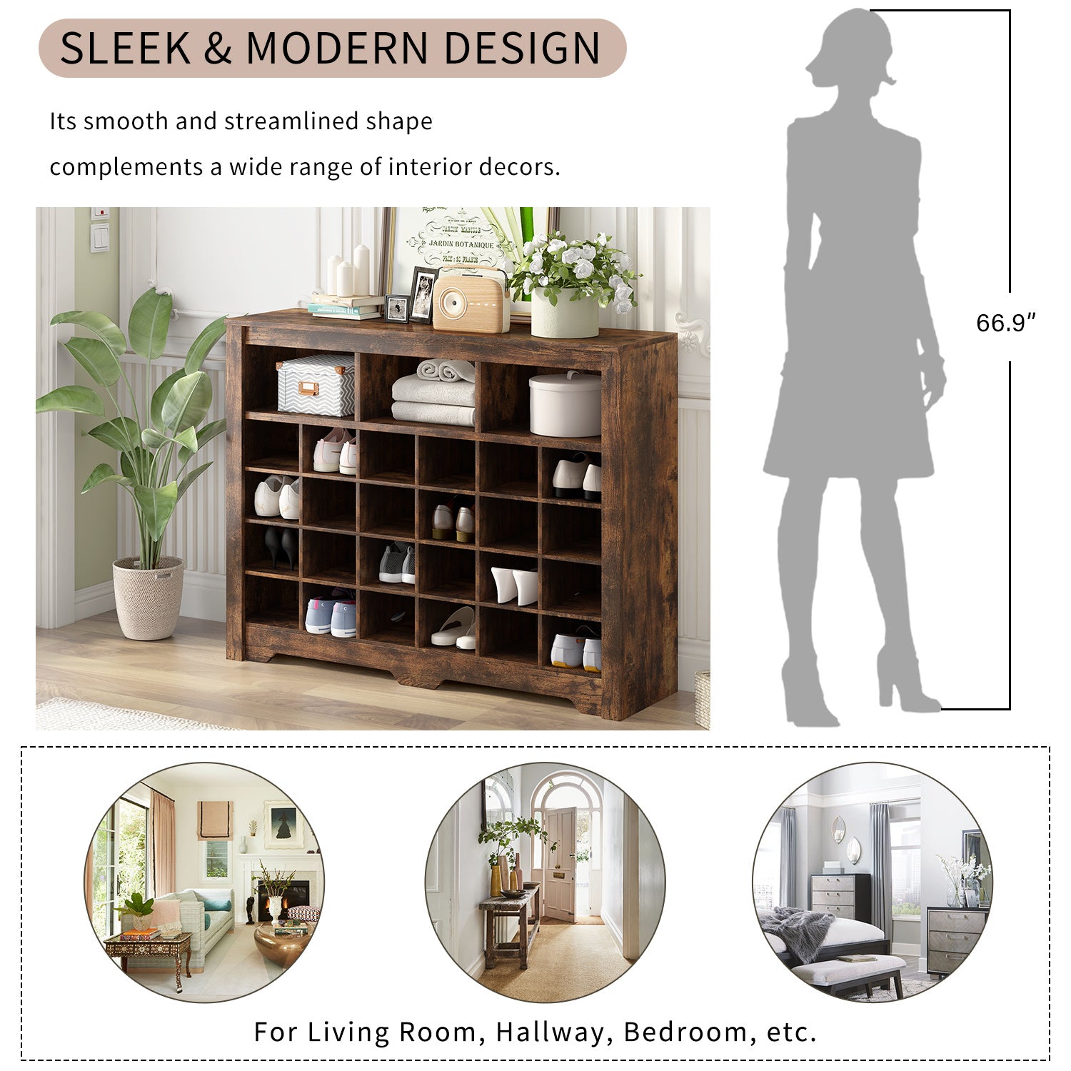 ON-TREND Sleek Design 24 Shoe Cubby Console, Modern Shoe Cabinet with Curved Base, Versatile Sideboard with High-quality for Hallway, Bedroom, Living Room, Rustic Brown