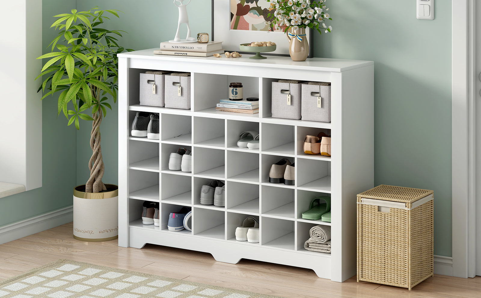 ON-TREND Sleek Design 24 Shoe Cubby Console, Modern Shoe Cabinet with Curved Base, Versatile Sideboard with High-quality for Hallway, Bedroom, Living Room, White