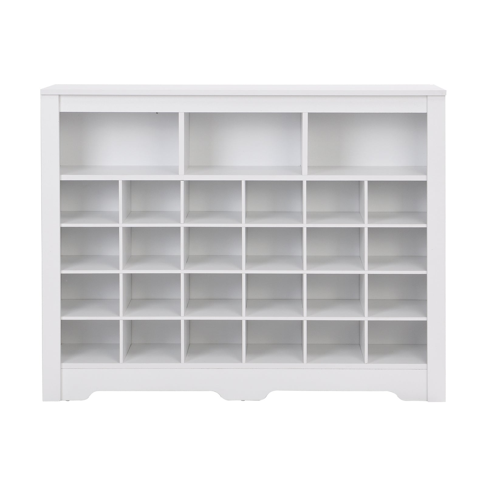ON-TREND Sleek Design 24 Shoe Cubby Console, Modern Shoe Cabinet with Curved Base, Versatile Sideboard with High-quality for Hallway, Bedroom, Living Room, White