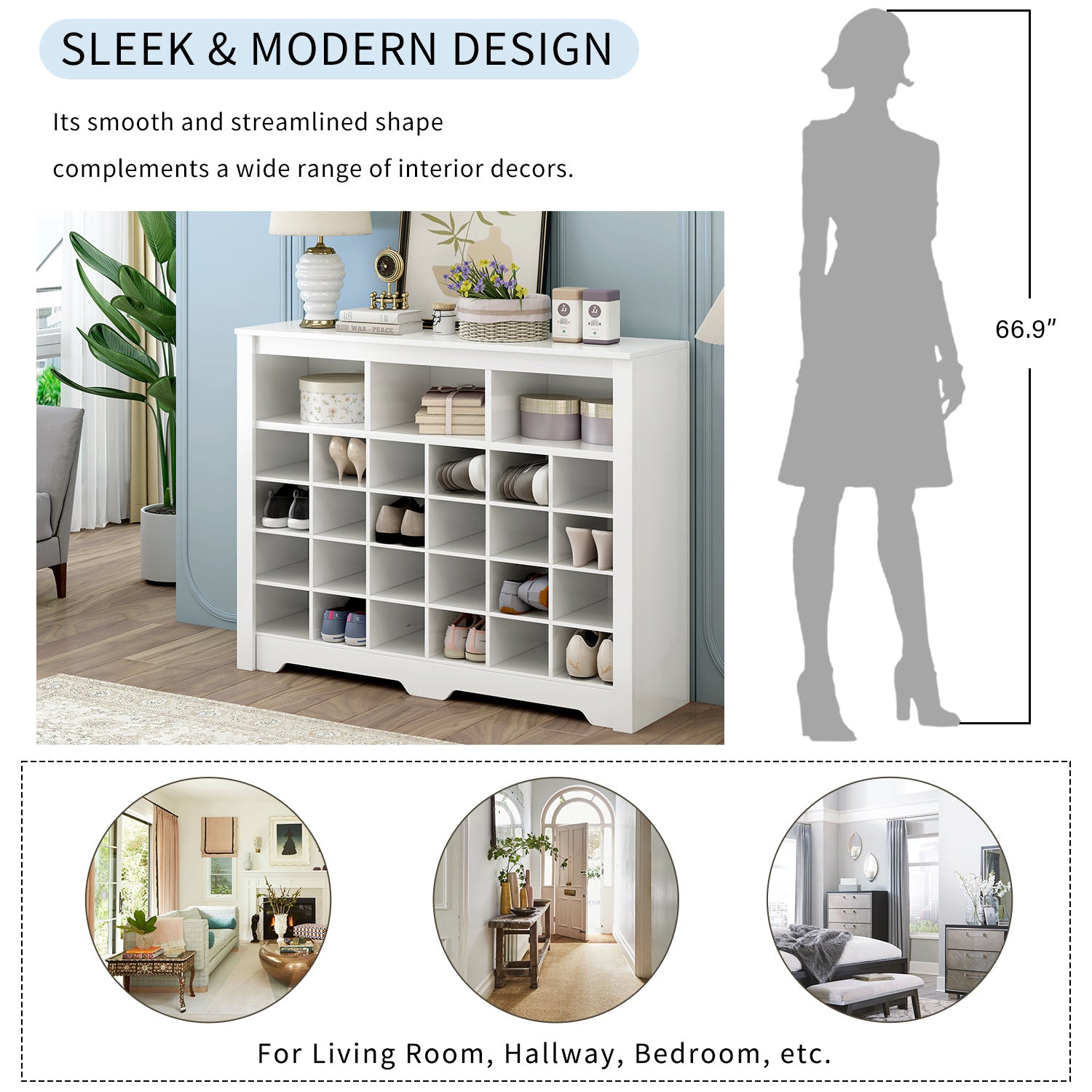 ON-TREND Sleek Design 24 Shoe Cubby Console, Modern Shoe Cabinet with Curved Base, Versatile Sideboard with High-quality for Hallway, Bedroom, Living Room, White