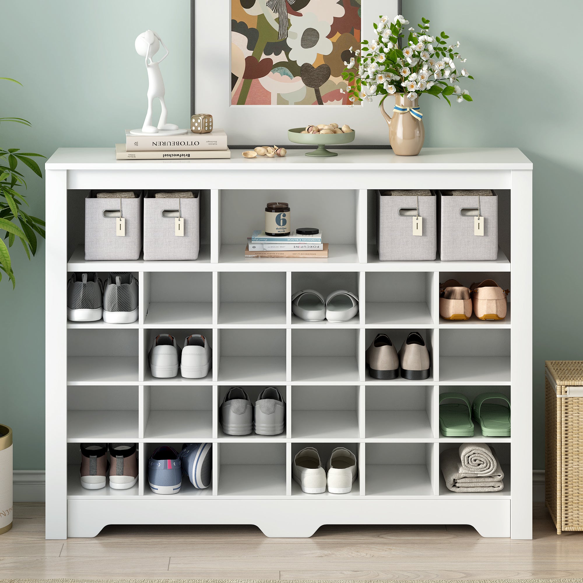 ON-TREND Sleek Design 24 Shoe Cubby Console, Modern Shoe Cabinet with Curved Base, Versatile Sideboard with High-quality for Hallway, Bedroom, Living Room, White