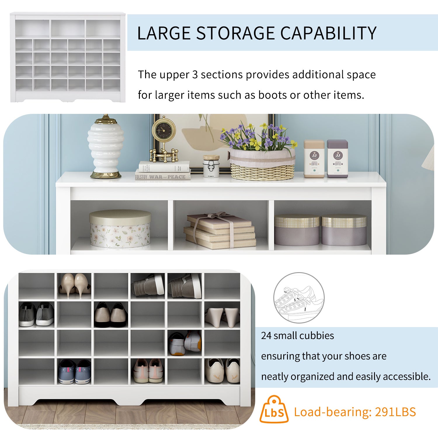 ON-TREND Sleek Design 24 Shoe Cubby Console, Modern Shoe Cabinet with Curved Base, Versatile Sideboard with High-quality for Hallway, Bedroom, Living Room, White