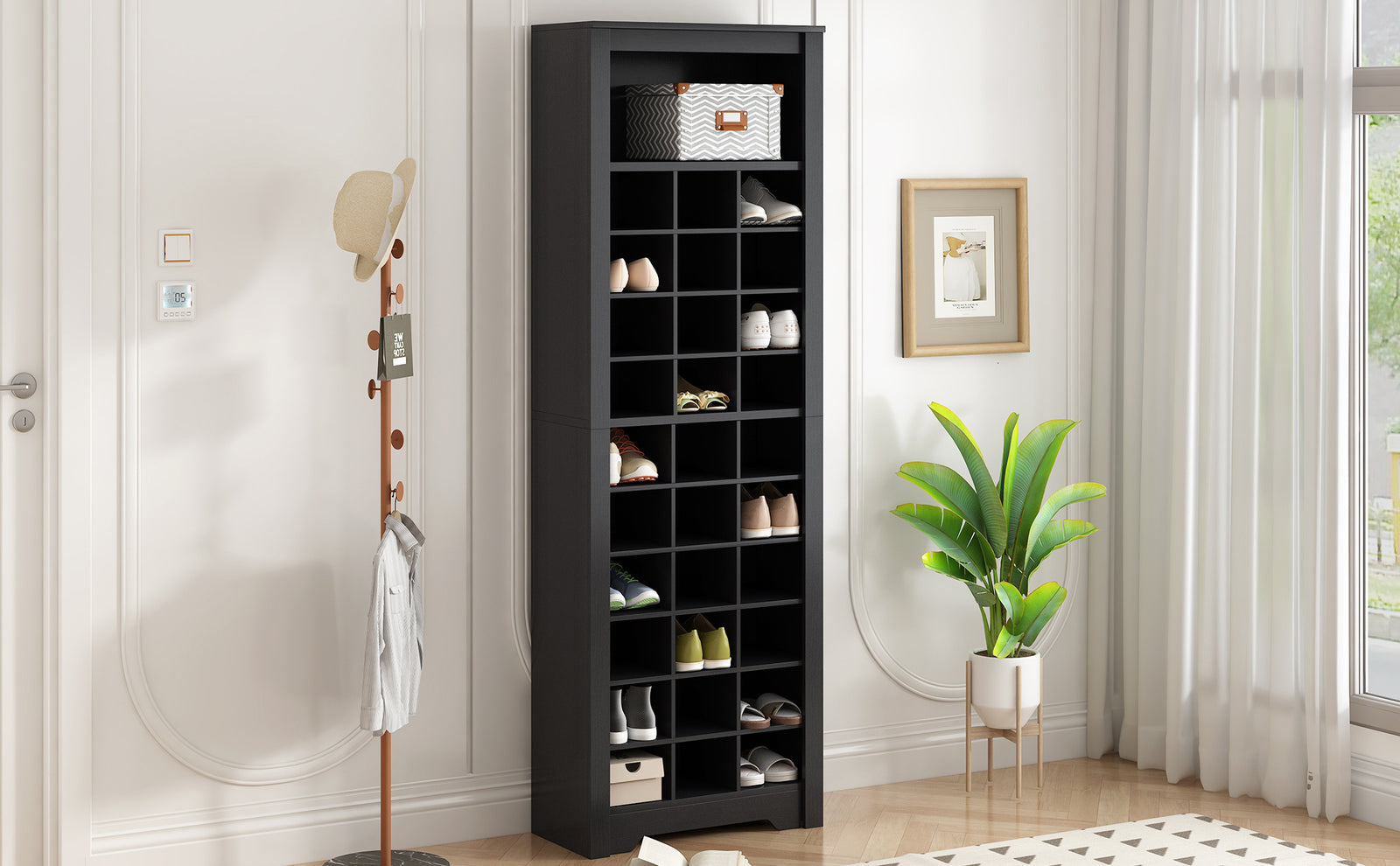 ON-TREND Stylish Design 30 Shoe Cubby Console, Contemporary Shoe Cabinet with Multiple Storage Capacity, Free Standing Tall Cabinet with Versatile Use for Hallway, Bedroom, Black