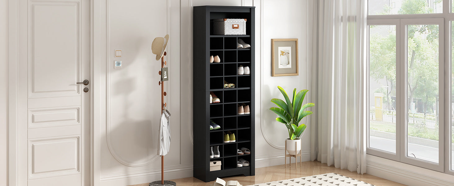 ON-TREND Stylish Design 30 Shoe Cubby Console, Contemporary Shoe Cabinet with Multiple Storage Capacity, Free Standing Tall Cabinet with Versatile Use for Hallway, Bedroom, Black