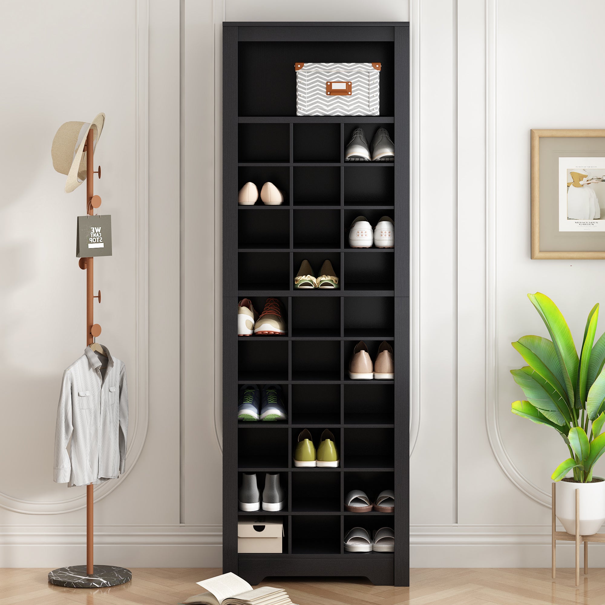 ON-TREND Stylish Design 30 Shoe Cubby Console, Contemporary Shoe Cabinet with Multiple Storage Capacity, Free Standing Tall Cabinet with Versatile Use for Hallway, Bedroom, Black