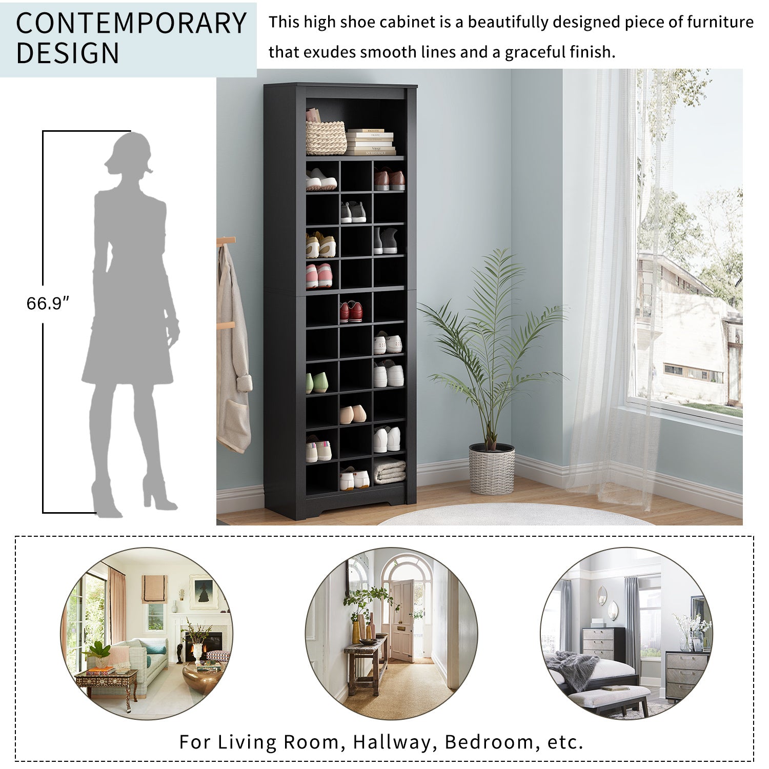 ON-TREND Stylish Design 30 Shoe Cubby Console, Contemporary Shoe Cabinet with Multiple Storage Capacity, Free Standing Tall Cabinet with Versatile Use for Hallway, Bedroom, Black